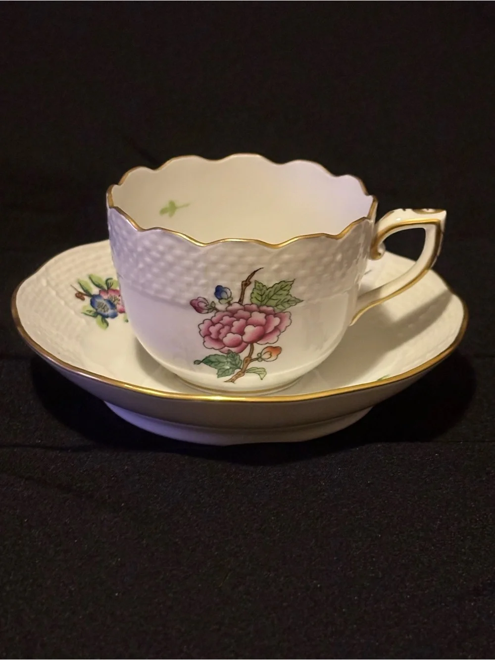 Vintage Herend ETON Demitasse Porcelain Teacup and Saucer. Pink Floral Pattern
